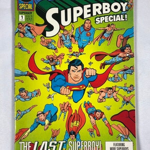 May include: A comic book cover featuring Superman, known as Superboy, flying with a red cape. The cover is yellow with a blue and red Superboy logo and the text "The Adventures of Superboy Special!" and "The Last Superboy!" The cover also features the text "Featuring more Superboys than you can shake a stick at!"