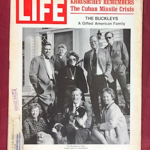 May include: A vintage LIFE magazine cover featuring a black and white photo of a family standing on the steps of their home. The headline reads "KHRUSHCHEV REMEMBERS The Cuban Missile Crisis" and "THE BUCKLEYS A Gifted American Family". The date on the cover is December 18, 1970.