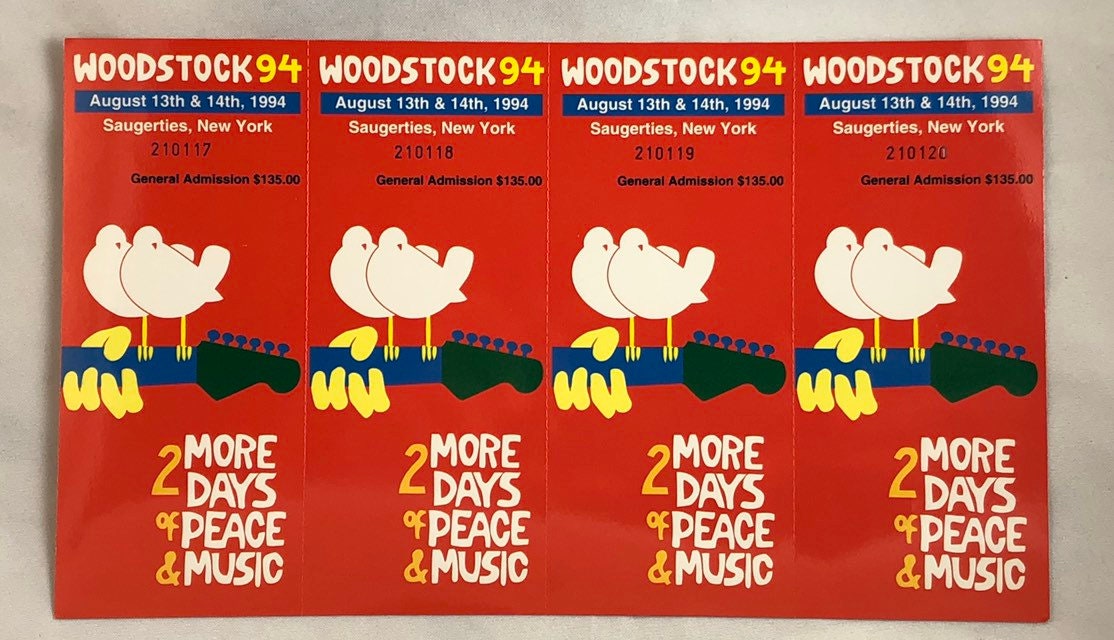 Rare Woodstock 94 Unused Set of 4 Tickets Uncut Sheet Rare Woodstock 94 Unused Set of 4 Tickets Uncut Sheet