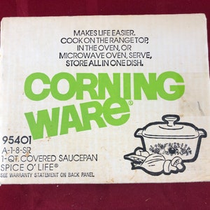 Vintage Spice O&#39; Life Corning Ware 1 Qt padella coperta stile A-1-8-SR anni &#39;70 Pyrex Nuovo di zecca in scatola sigillata NOS MIB