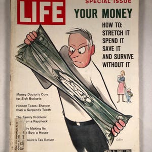 6. April 1962 Life Magazin Ihr Geld, wie man es streckt Sie verbringen es überleben ohne es Cartoon Robert Osborn Illustrierte Cover Vintage Original