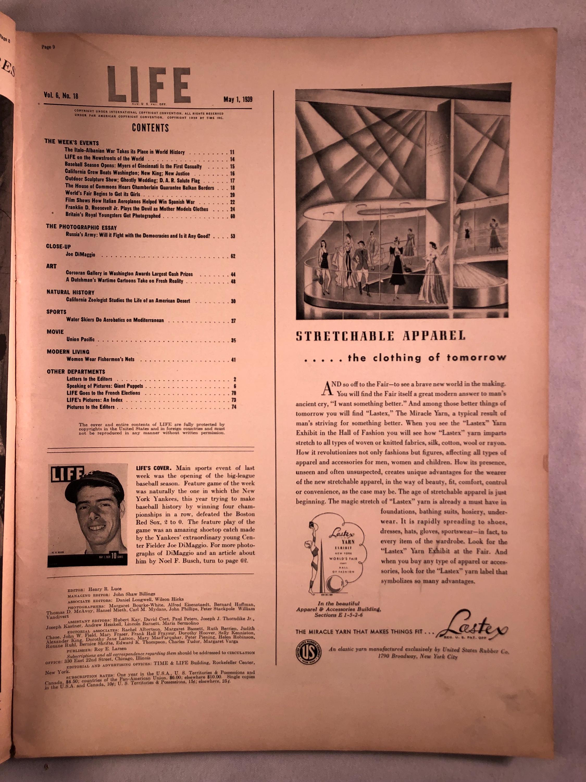 May 1 1939 Life Magazine NY Yankees Joe Dimaggio on Cover Vintage