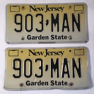 New Jersey License Plate 903 MAN Matching Pair of 2 NJ Vintage Embossed Plates Great Gift Idea Birthday Moving Anniversary