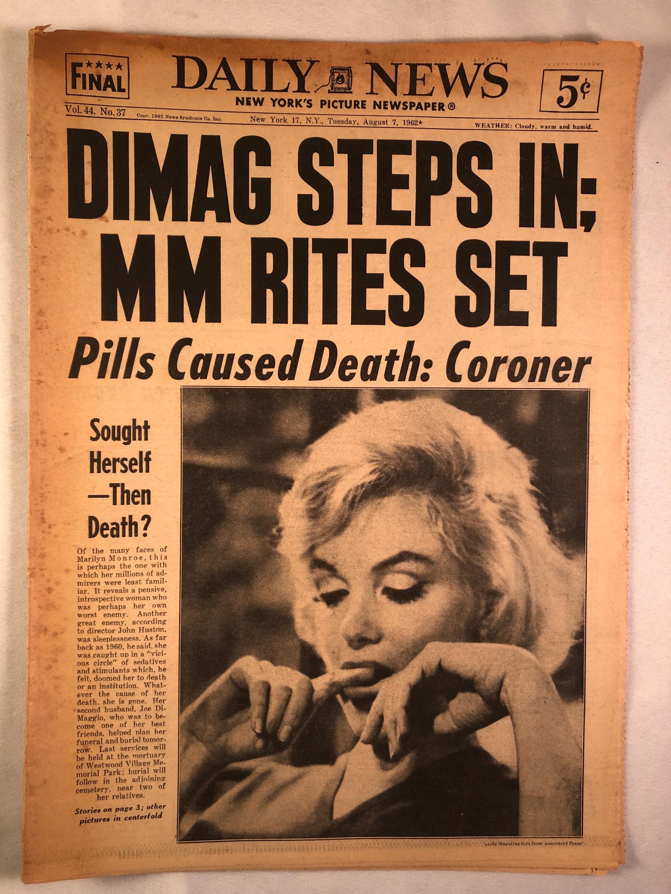 August 7 1962 New York Daily News Marilyn Monroe Dead From Suicide