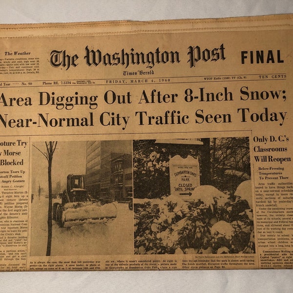 March 4 1960 The Washington Post Newspaper Digging out After 8 Inches of Snow Headlines Vintage Original