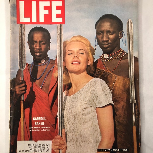 July 17 1964 Life Magazine Caroll Baker With Masai Warriors in Kenya on Cover Vintage Original