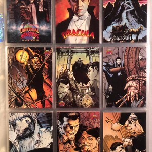Juego completo de cartas coleccionables Topps Universal Monsters de 1991 con 100 tarjetas en 9 páginas de bolsillo. Original vintage. Una gran idea para un regalo.
