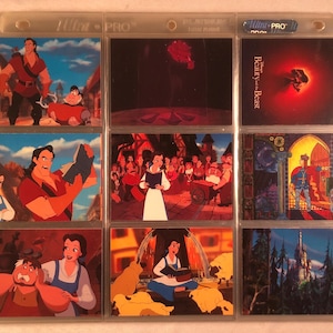 Conjunto completo de 75 cartas colecionáveis do filme A Bela e a Fera da Proset Disney de 1992, mais espelho e cartões de atividades em 9 páginas de bolso