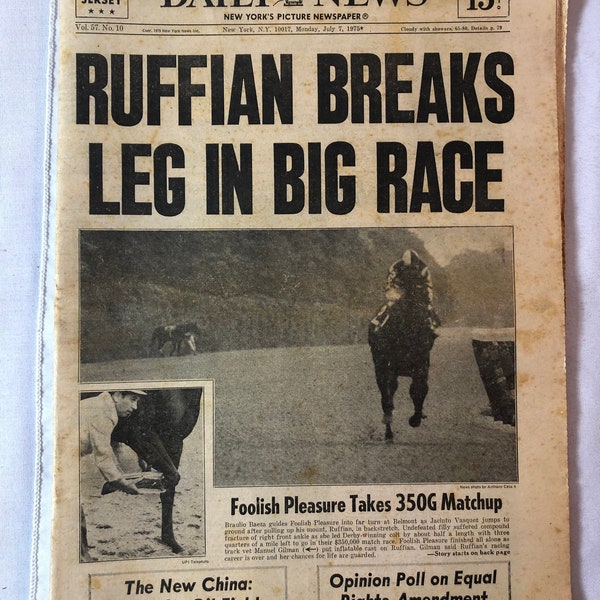 July 7 1975 New York Daily News Newspaper Ruffian Breaks Leg In Big Race Foolish Pride on The Cover Vintage Original Great Gift Idea