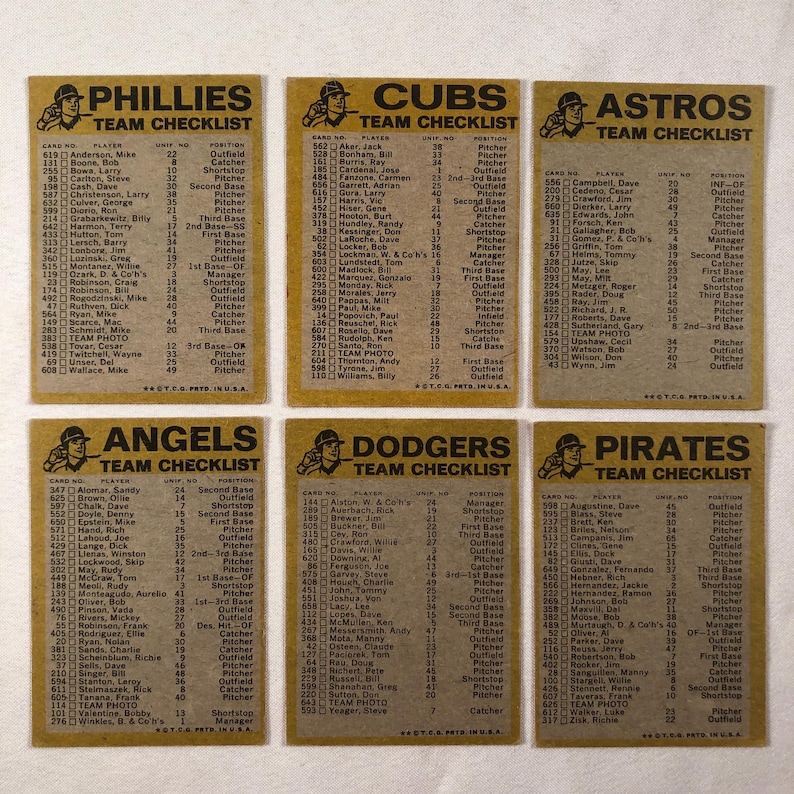 1974 Topps Baseball Team Checklist Starter Set 6 Different Unmarked ...
