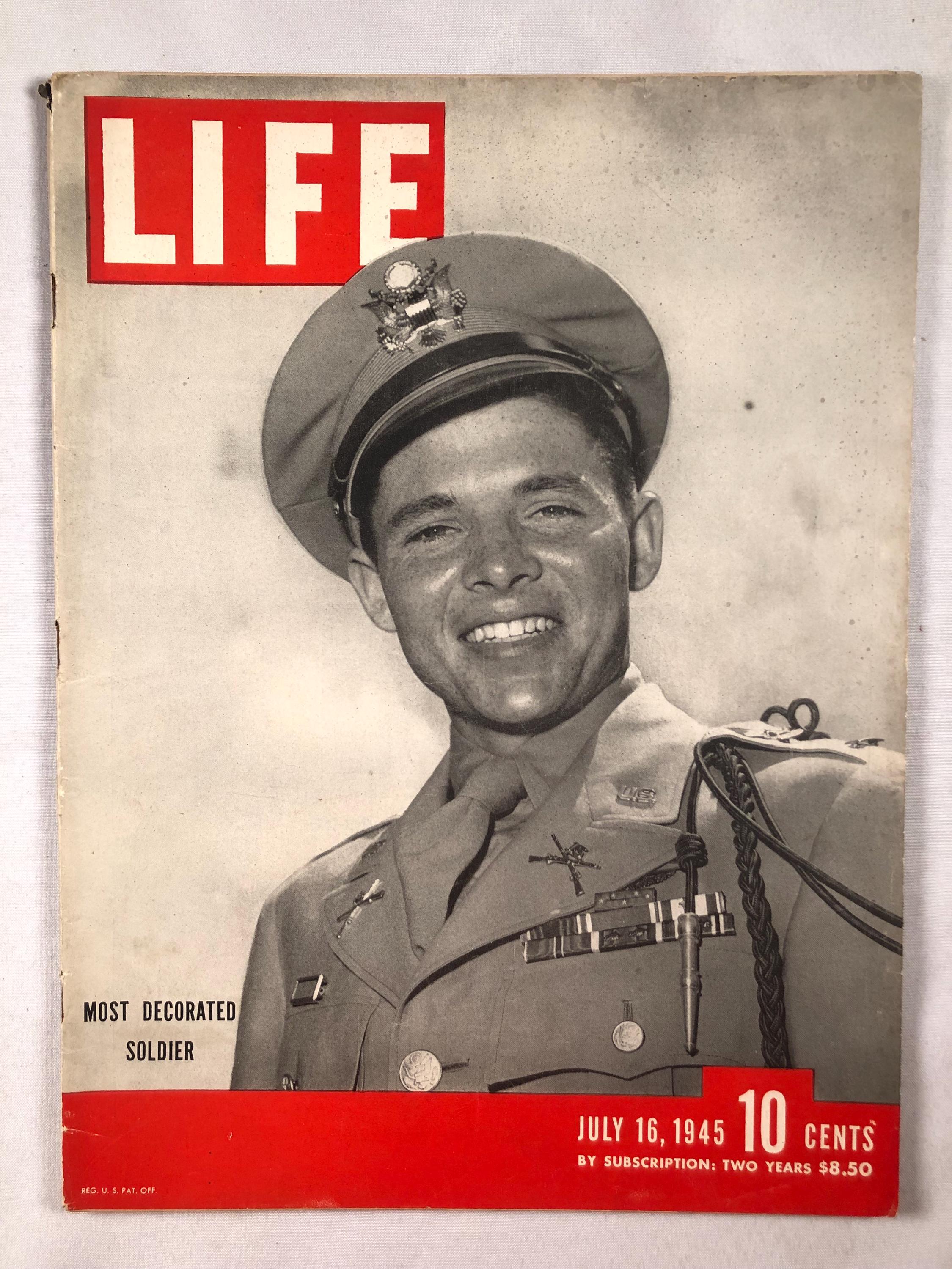 July 16 1945 Life Magazine Most Decorated Soldier Audie Murphy Congressional Medal of Honor on Cover Vintage WW2 WWII Original Gift Idea