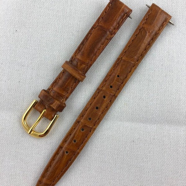 11mm Crocodile Grain Calfskin Whiskey Brown Ladies Stitched and Padded Watch Band Kreisler Vintage Watch Strap NOS E165