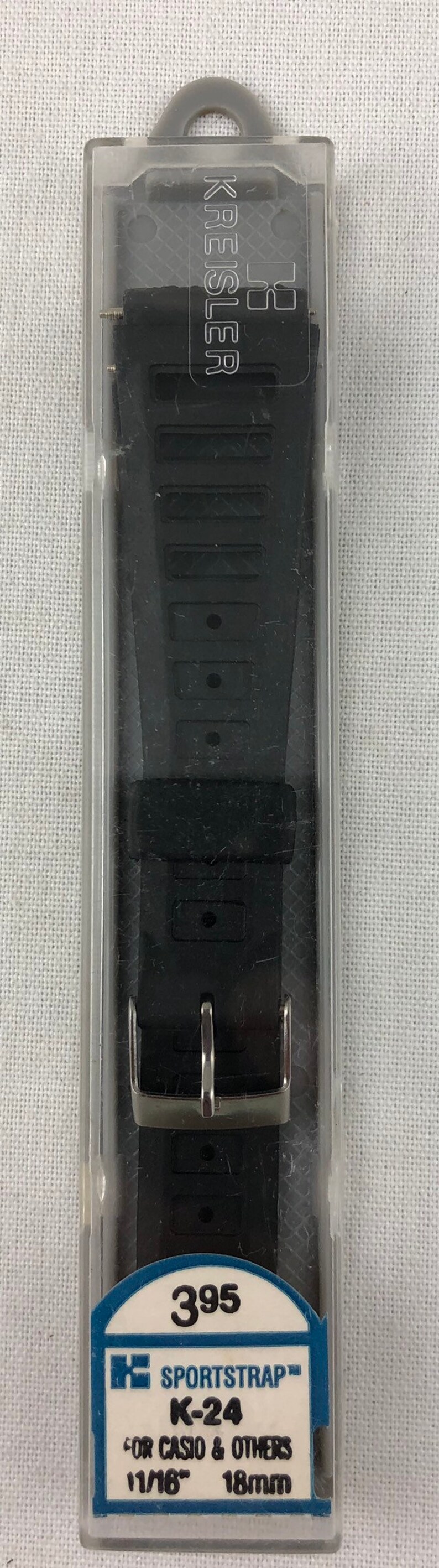 May include: Black watch strap in a clear plastic package. The strap is labeled "Sportstrap K-24 for Casio & Others 11/16" 18mm 395".