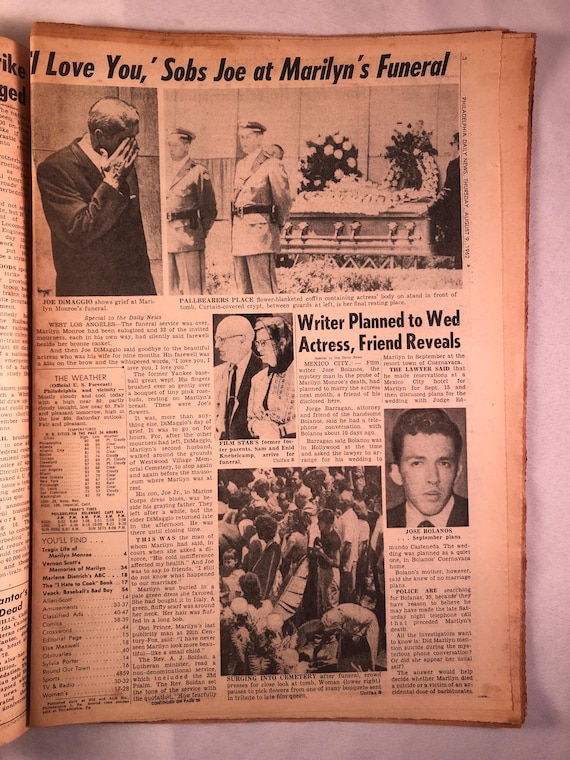 1962年8月9日フィラデルフィア・デイリー・ニュースマリリン・モンロー