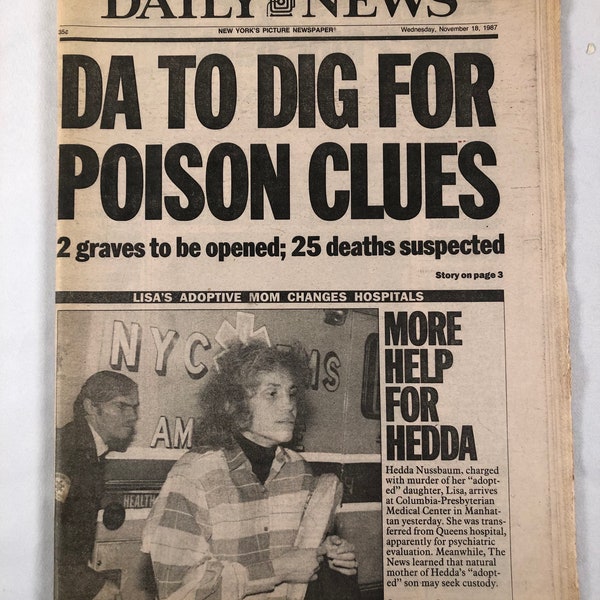 November 18 1987 New York Daily News Newspaper DA To Dig For Poison Clues Headlines Hedda Nussbaum Charged