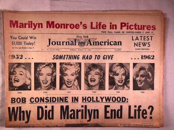 August 6 1962 New York Journal American Marilyn Monroe Dead From