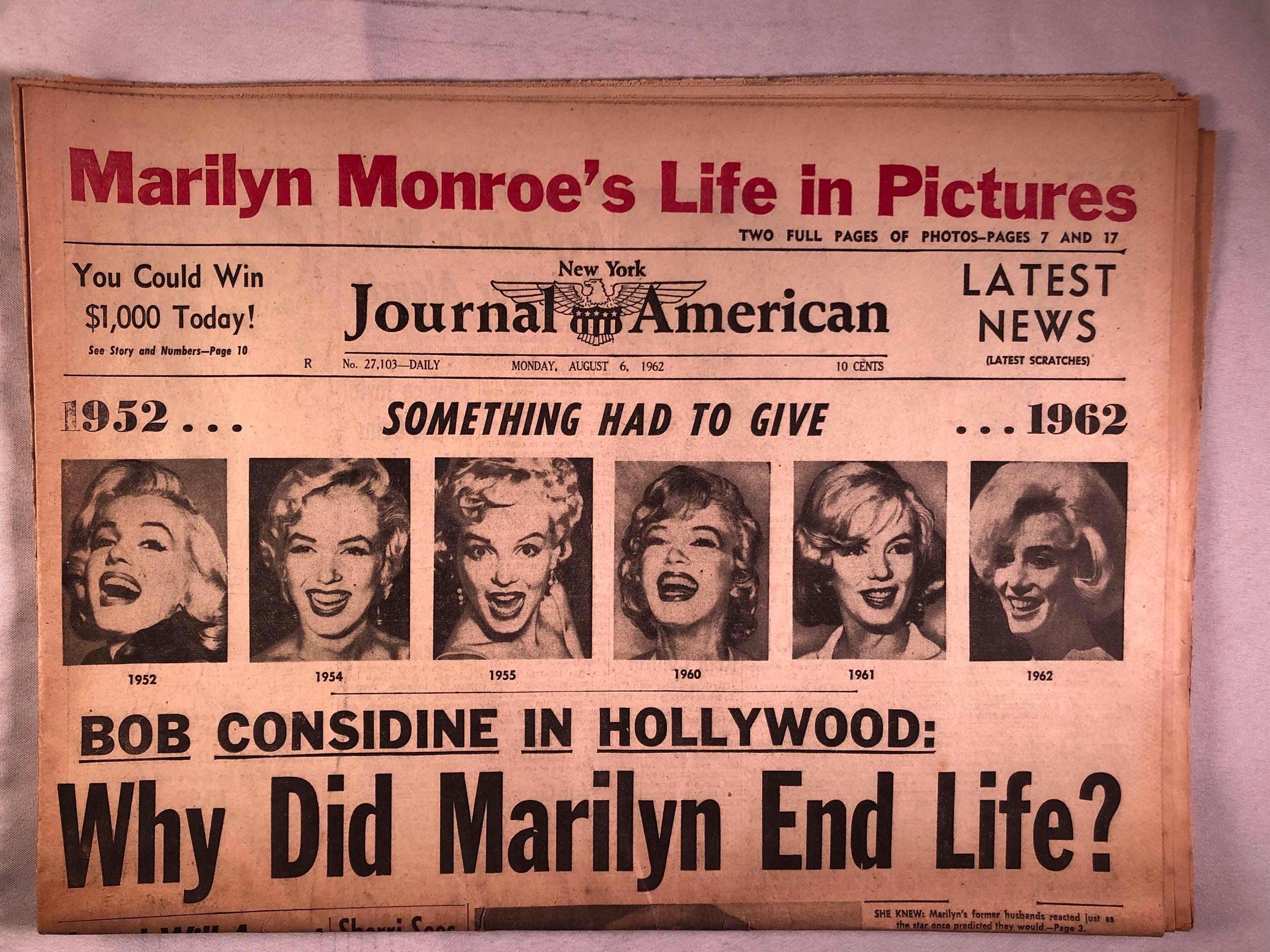 August 6 1962 New York Journal American Marilyn Monroe Dead From