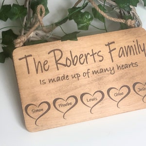 Personalisiertes Familienschild, Familienplakette, Lasergravur solide, rustikale Holzplakette, unsere Familie. Familiengeschenk, Familienherzen