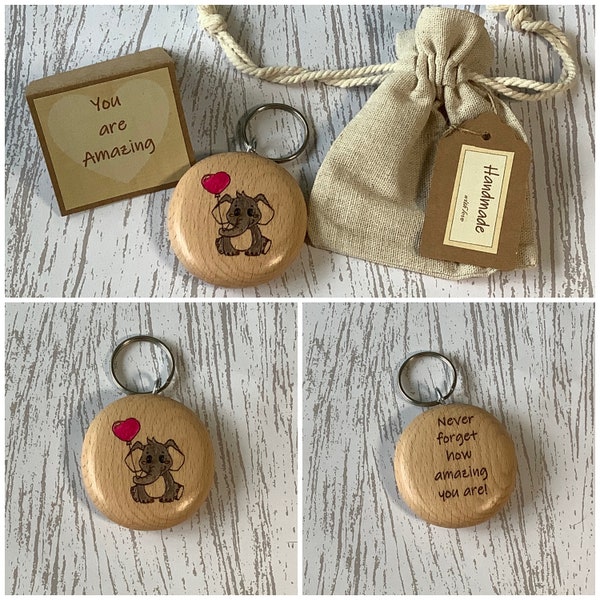 Handmade Elephant keyring, Never forget, You are amazing, Someone special, solid wood, elephant lover, positivity gift, you got this