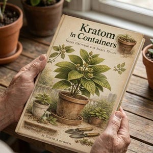 May include: A book titled "Kratom in Containers" with a botanical illustration of a potted plant on the cover. The book is held by a person, and other potted plants are visible in the background. The book's subtitle reads "Home Growing for Small Spaces."