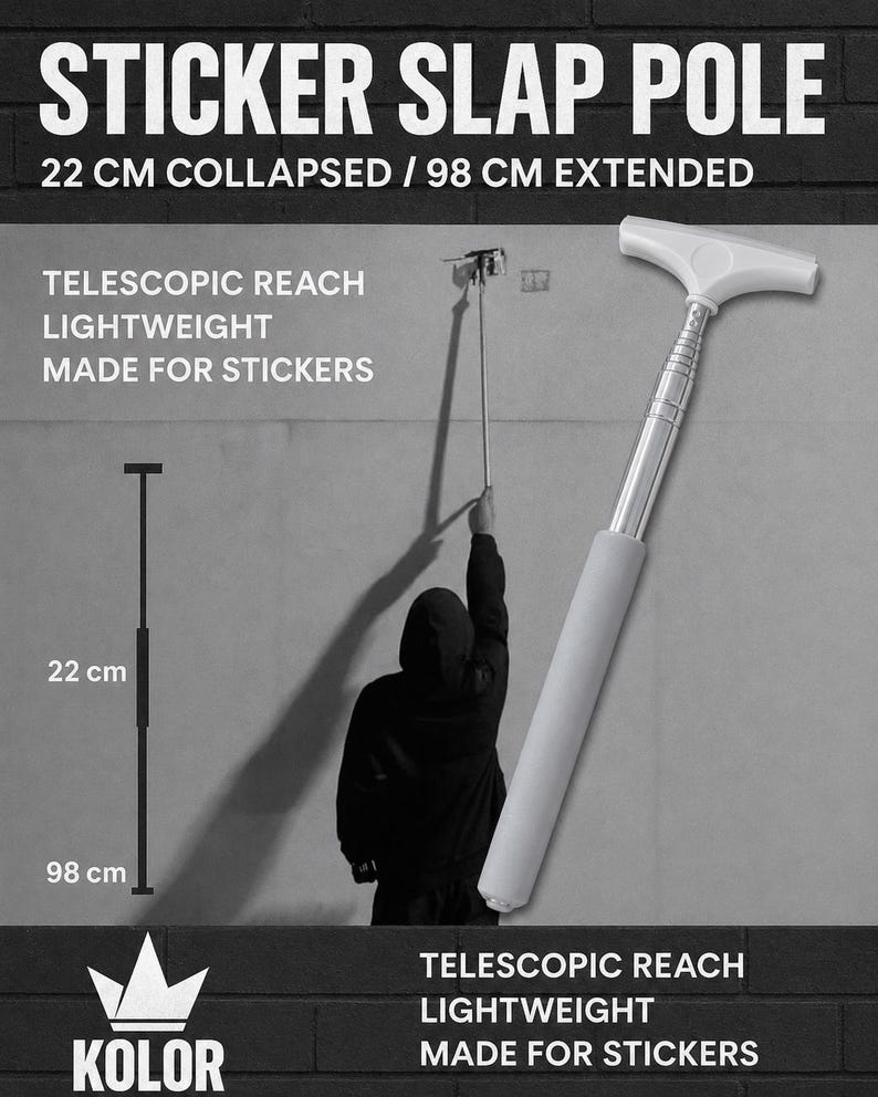 May include: A silver and white telescopic sticker slap pole with a T-shaped head. The text reads STICKER SLAP POLE, 22 CM COLLAPSED / 98 CM EXTENDED, TELESCOPIC REACH, LIGHTWEIGHT, MADE FOR STICKERS, and KOLOR. It measures 8.66 inches to 38.58 inches.