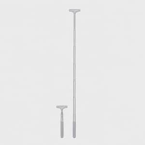 May include: Two silver-colored telescopic poles with T-shaped handles. One pole is shown in a fully retracted, short position, while the other is fully extended to a much longer length. Both feature a smooth metallic finish and a gray grip handle.