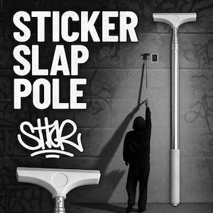 May include: A silver telescopic pole with a white T-shaped head, designed for applying stickers to high surfaces. The image features the text STICKER SLAP POLE and a stylized logo, alongside a silhouette of a figure using the tool on a wall.