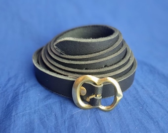 Thin Black Leather Belt - 13thC Brass Buckle