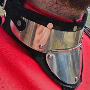 Può includere: Una protezione per il collo in metallo argentato con un cinturino in pelle nera. La protezione ha una forma arrotondata e curva ed è fissata con rivetti.