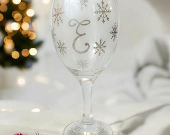Hand-Painted Monogram Wine Glass, Silver Snowflake, Personalized Christmas Gift