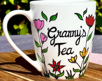 Personalised  wildflower “Granny’s Tea” Cup. Hand-painted coffee mug with gift box & optional custom text on back.  Birthday Gift’s For Her.
