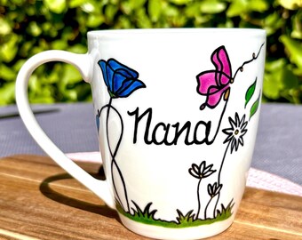 Personalised hand-painted Glitter Flower Garden Coffee Mug, Custom text on back. Includes Gift Box. Birthday Gift Idea for Nana. Irish made.