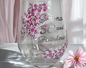 Personalised 50th Birthday Gift Stemless Wine Glass With Gift Box, Hand-painted Custom Name, Age, Text. Made in Ireland.