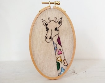 colorful giraffe art, free motion embroidery, textile pictures, textile art wall hanging, fiber art wall hanging, free-motion art