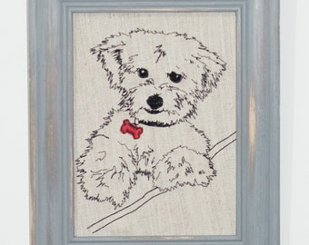 pet portrait embroidery, pet portrait custom, pet owner gifts, free-motion embroidery, textile pictures, textile wall hanging