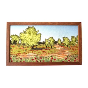 wild flowers, flower landscape, nature embroidery, Israel art, Israel landscape, poppy flower embroidery, red anemones, textile pictures
