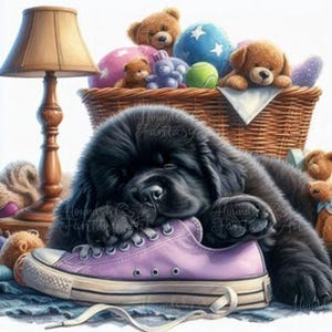 Cão Terra Nova Vintage Newfie Filhote Dormindo Imprimível 12 JPG Pôster Adesivo Camiseta Artesanal Cartão ClipArt Digital Outras Raças Sob Demanda