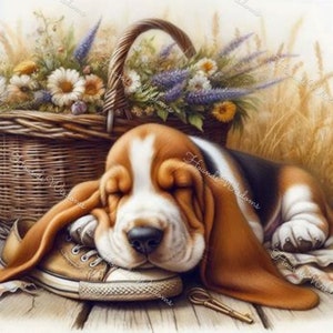 Basset Hound Bloodhound Dog Puppy Sleeping Printable 10 Poster Sticker Jewelry Tshirt  Craft Card Digital ClipArt Other Breeds On Demand