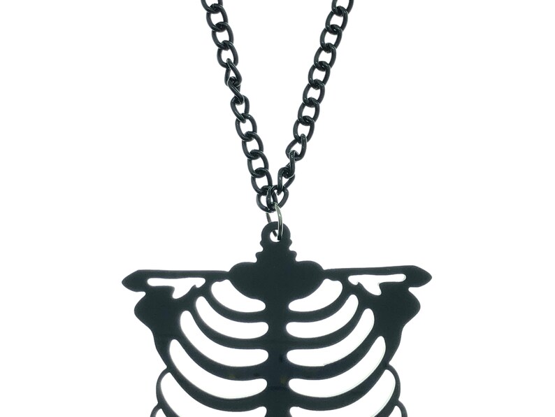 Black Ribcage Ribs Bones Skeleton Plastic Acrylic Black Chain Necklace
