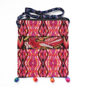 Boho Pompom Crossbody Bag: Handmade Guatemalan Huipil Textile