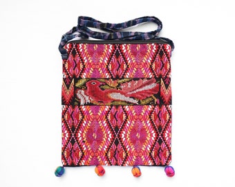 Boho Pompom Crossbody Bag: Handmade Guatemalan Huipil Textile
