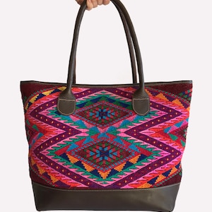 Leather shoulder bag, Guatemalan tote bag, Guatemalan shopping bag, Guatemalan textile bag.