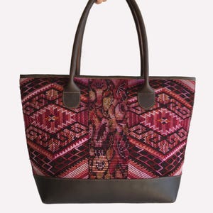 Leather shoulder bag, Guatemalan tote bag, Guatemalan shopping bag, Guatemalan textile bag.