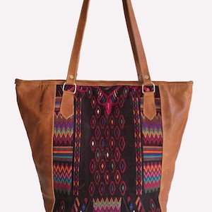 Leather shoulder bag, Guatemalan tote bag, Guatemalan shopping bag, Guatemalan textile bag.