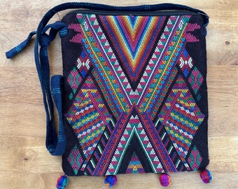 Boho Pompom Crossbody Bag: Upcycled Guatemalan Huipil Textile