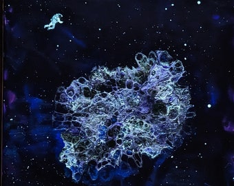 Artisan Original Acrylic Fluid Pour Art, 12X12 Canvas, Titled Cosmic Cobweb Astronaut, Metallic Paints, Epoxy Sealed