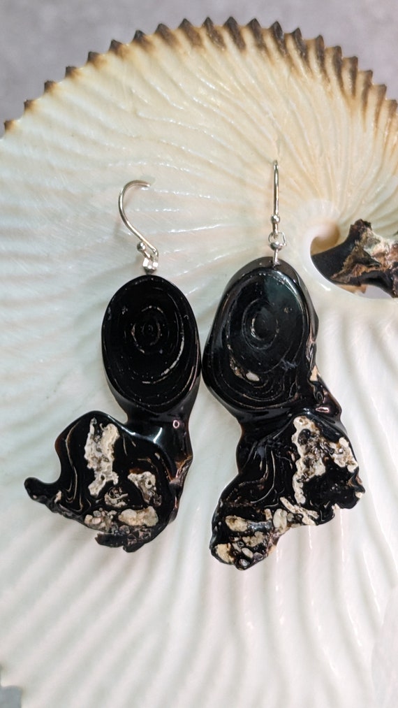 Artisan Genuine Vintage Black Coral Dangling Statement Earrings