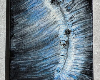 May include: Abstract painting on canvas with black, white, and blue paint. The paint is swirled and layered to create a unique design.