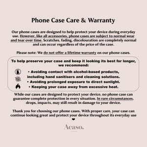 The image is a single image that contains text and icons related to phone case care and warranty.