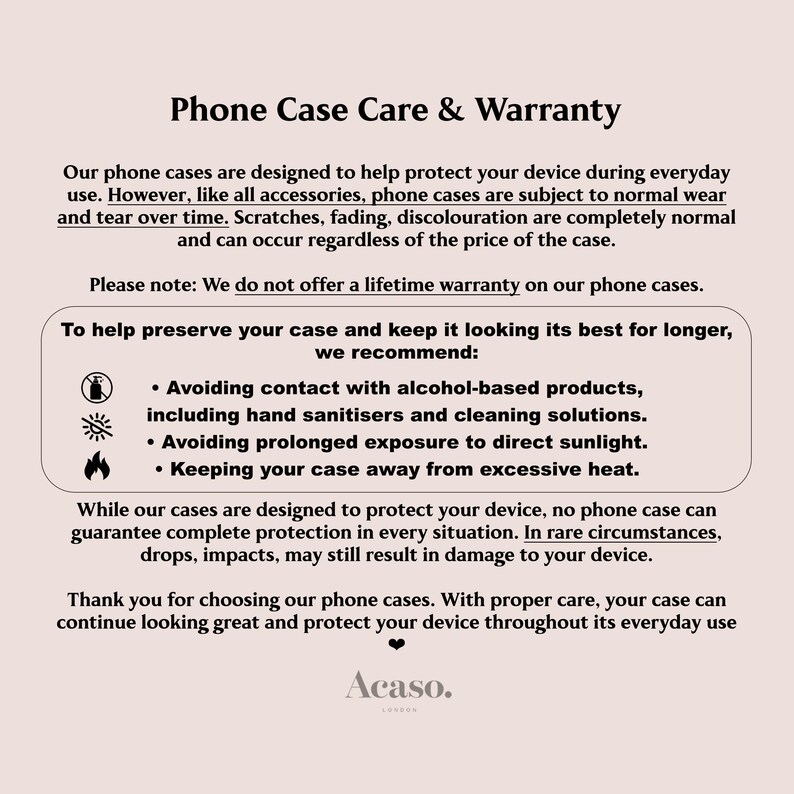 The image is a single image that contains text and icons related to phone case care and warranty.